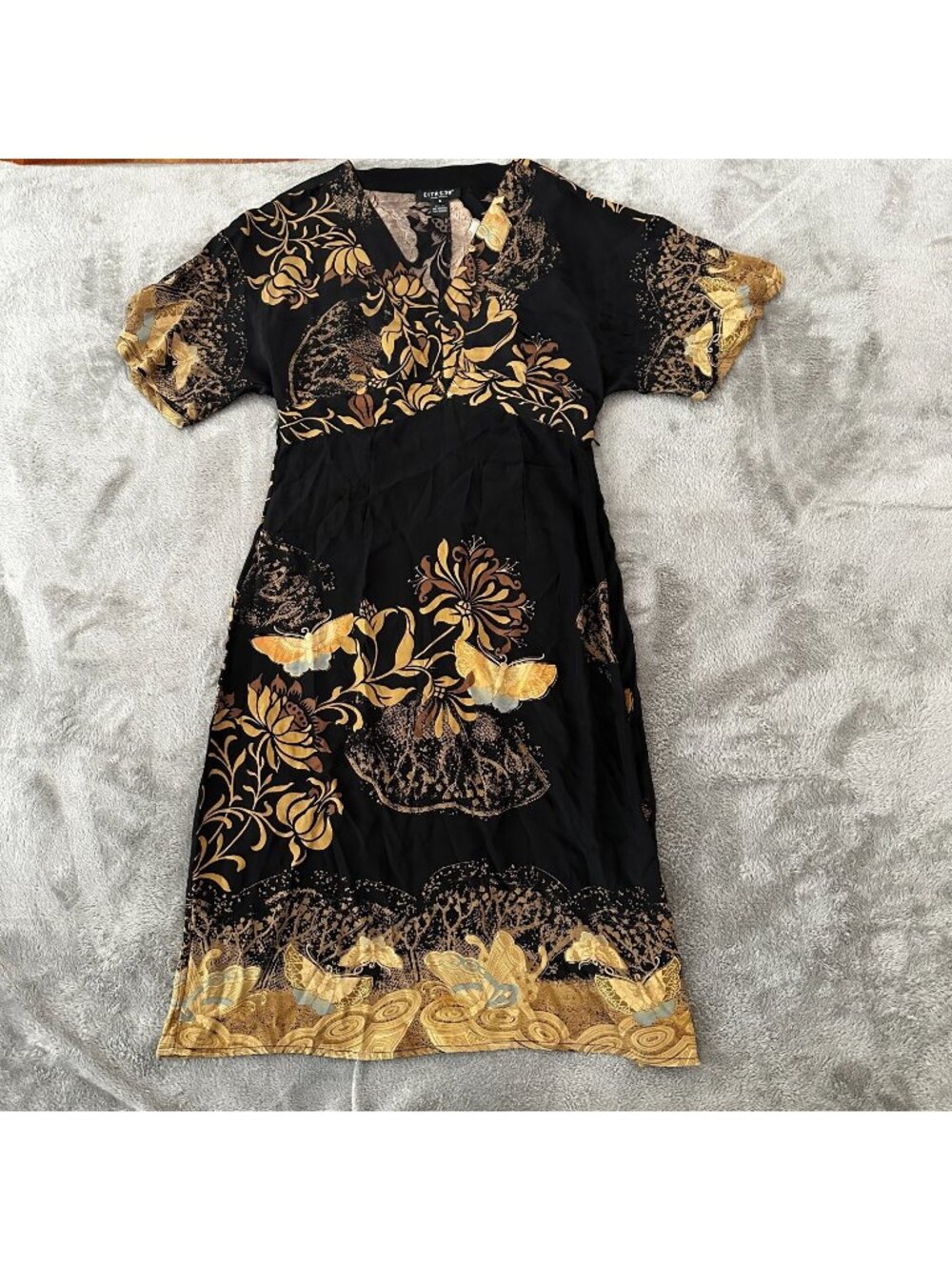 Citron Santa Monica 100% Silk Short Sleeve Midi Dress Women's SMALL Black Gold
